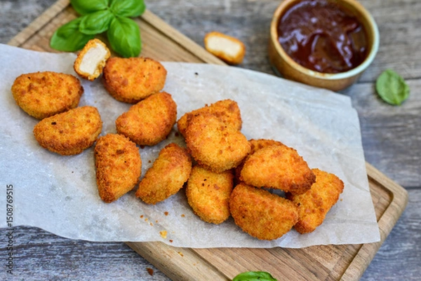Fototapeta 
 Crispy oven baked  chicken nuggets and  barbeque sauce . Breaded chicken fillets  with chilly peppers and fresh basi on wooden rustic background