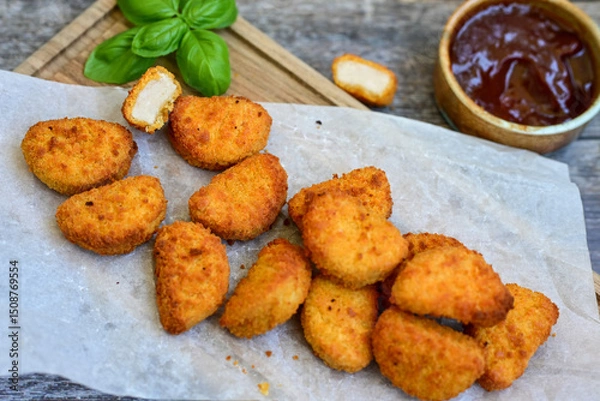 Fototapeta 
 Crispy oven baked  chicken nuggets and  barbeque sauce . Breaded chicken fillets  with chilly peppers and fresh basi on wooden rustic background