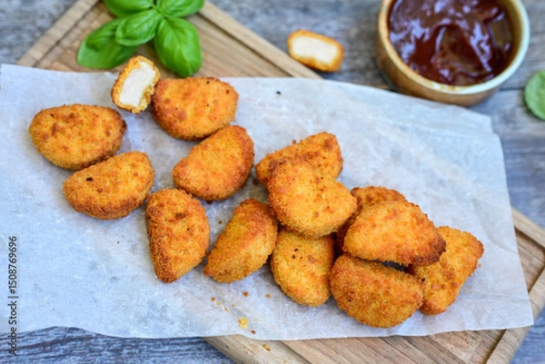 Fototapeta 
 Crispy oven baked  chicken nuggets and  barbeque sauce . Breaded chicken fillets  with chilly peppers and fresh basi on wooden rustic background