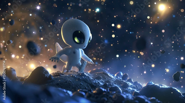 Fototapeta Adventurous cartoon alien exploring a distant asteroid