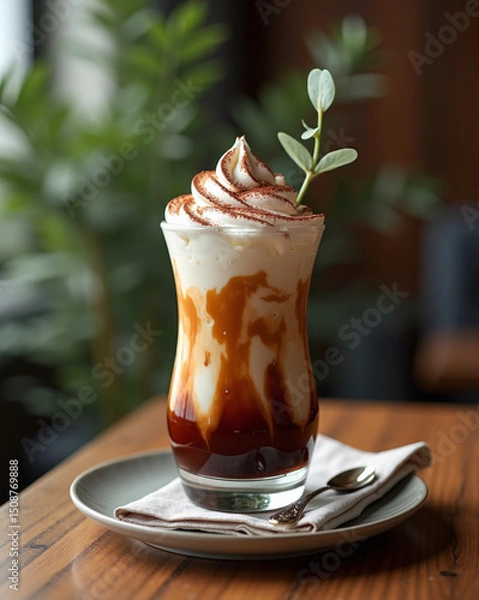 Fototapeta A luscious caramel and cream drink topped with whipped cream and cocoa, served elegantly on a plate with a spoon.