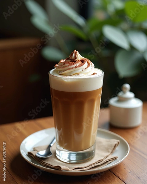 Fototapeta A luscious caramel and cream drink topped with whipped cream and cocoa, served elegantly on a plate with a spoon.