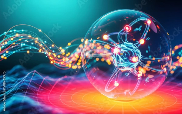 Fototapeta Vibrant digital illustration of a glowing transparent sphere with dynamic energy particles and colorful light waves over a neon surface in a futuristic setting.
