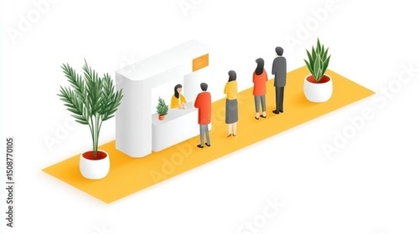 Obraz A modern reception area with people waiting in line, featuring a sleek counter and vibrant plants. This illustration symbolizes customer service and professional interaction.