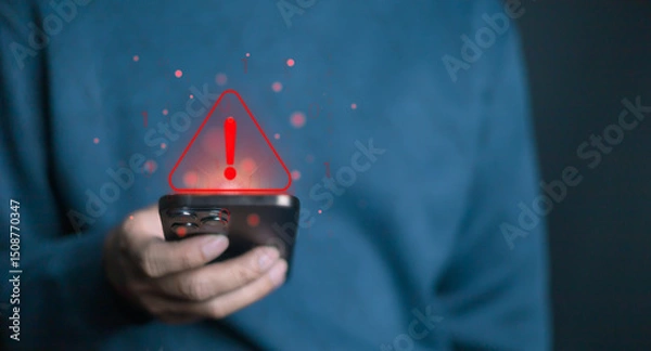 Obraz Warnings exclamation mark alerts in computer systems to be aware of the dangers and risks of cyberattacks on the Internet. Malicious software to secure online logins on websites	