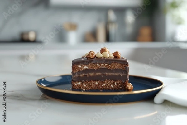 Fototapeta A slice of chocolate cake with nuts on a dark plate.