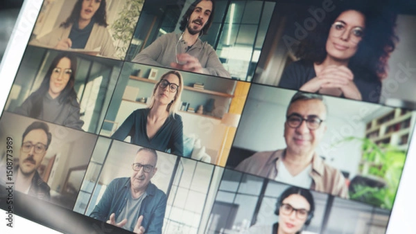 Fototapeta Working and talking on the computer with video calling