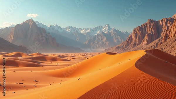 Obraz Vast orange desert with rippling dunes and towering peaks in the distance.
