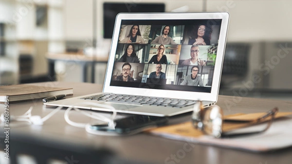 Fototapeta Working and talking on the computer with video calling