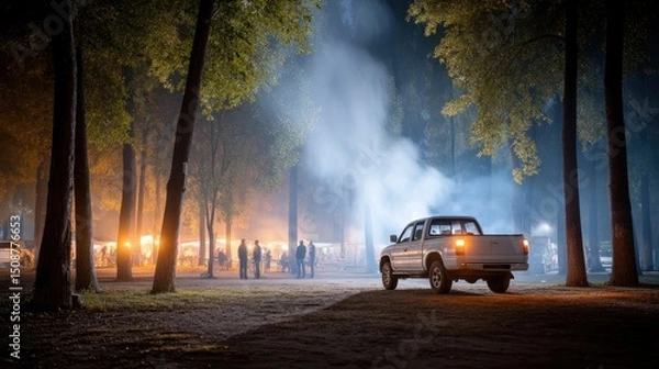 Obraz A serene nighttime scene featuring a pickup truck parked amidst a foggy atmosphere, surrounded by soft lights and silhouettes of people in a wooded area, perfect for storytelling.