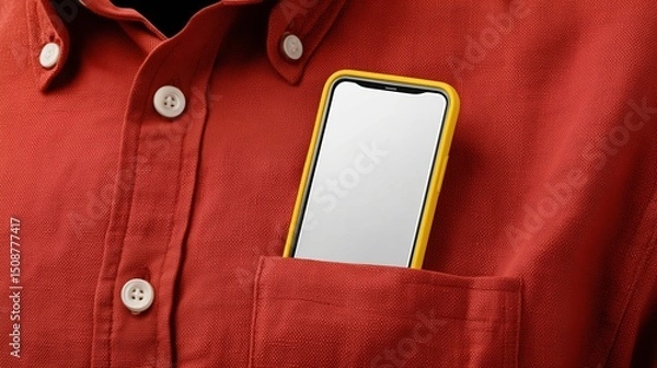Obraz Mockup of a yellow phone with white screen tucked into a red shirt pocket showcasing modern tech lifestyle