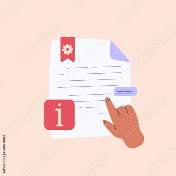 Fototapeta Reading user manual book. Users reading and writing guide instruction with information mark. Concept of customer guide, useful information, FAQ. Vector illustration for UI, web banner
