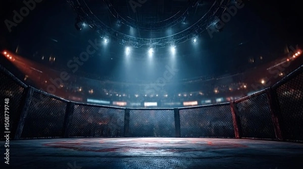 Obraz Illuminated by bright spotlights, a professional fighting arena exudes a dramatic atmosphere in the darkness, setting the stage for an intense and thrilling match ahead