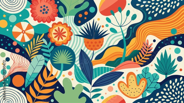 Fototapeta Hand drawn minimal bright abstract organic shapes pattern. Collage contemporary print. Fashionable template for design.