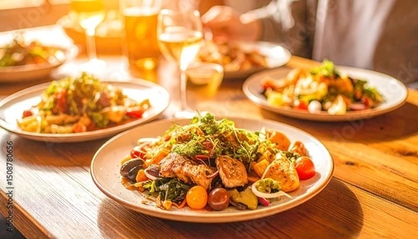 Obraz Cinematic close-up of gourmet dish with herbs and vegetables on rustic wood under soft window light