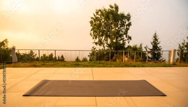 Obraz Wide-angle view of early morning yoga in serene mountain setting with warm mist and greenery