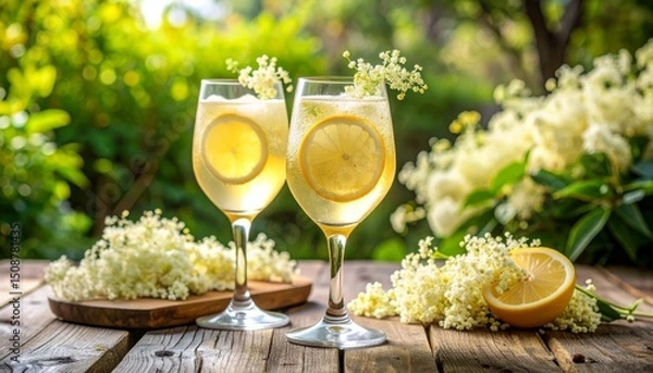 Fototapeta Two glasses of refreshing lemonade with lemon slices and elderflowers on a wooden table in a sunny garden.