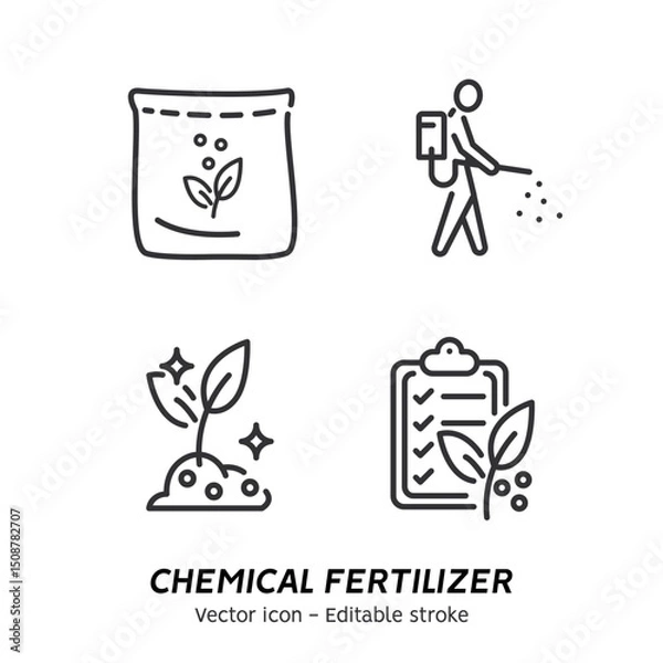 Obraz Plant fertilizer. Fertilizer in fertile soil, soil pH test, farming and agriculture icon set. Collection of fertilizer bag and spreader, vegetable, compost vector flat outline icons. Editable stroke