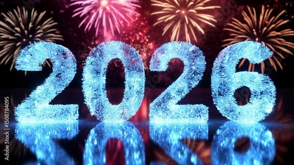 Fototapeta Colorful, impressive Christmas fireworks on the background of the planet on New Year's Eve 2026	