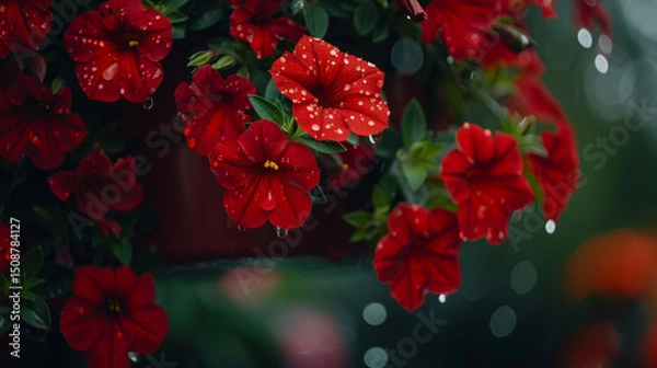 Obraz A close-up of vibrant red petunias in a hanging basket, adorned with raindrops.