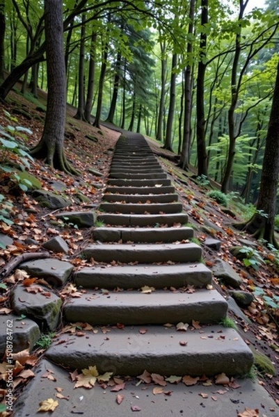 Fototapeta old stone steps descending into quiet forest, humility and return to roots