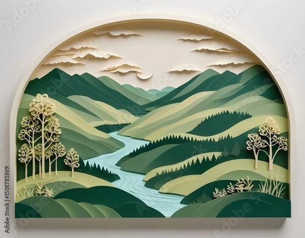 Fototapeta Serene Mountain Landscape with River and Trees in Paper Art Style