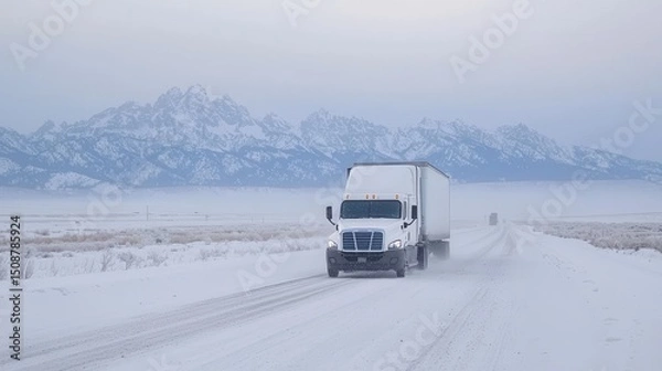 Obraz A white delivery truck navigates a snow-covered road, with majestic mountains in the background