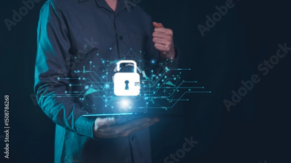 Obraz Cybersecurity and privacy concepts to protect data. Lock icon and internet network security technology.