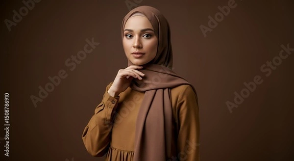 Fototapeta Woman in Hijab with Brown Tones Looking at Camera in Studio