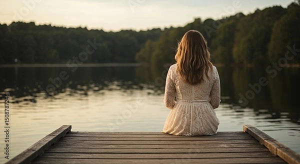 Fototapeta Woman Sitting on Dock Enjoying Calm Lake and Forest Scenery