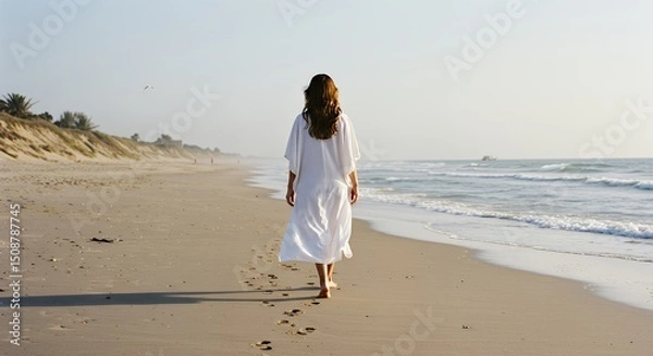 Fototapeta Woman Walking Along Beach with Footprints Towards Ocean Calm Day