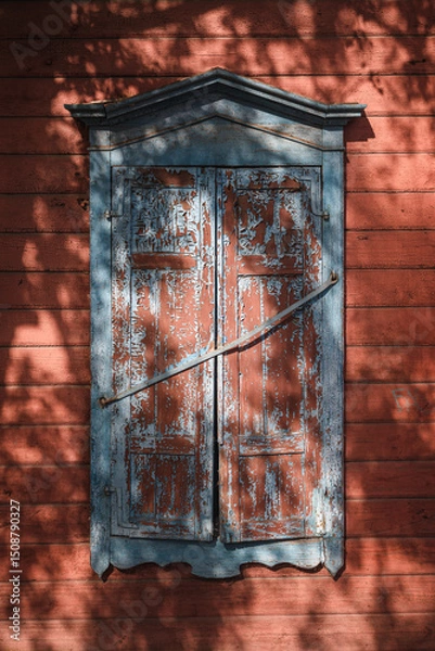 Fototapeta Wooden window shutters of an old house in the rays of the morning sun.