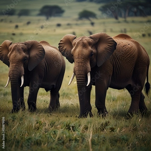Fototapeta African elephants, African elephant cow, calf, elephant, elephants in the savannah, elephants fighting in South Africa's savannah and wildlife photo of a herd of elephants.