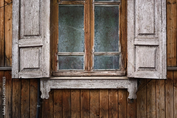 Fototapeta Window of an old village house with white cracked wooden shutters.
