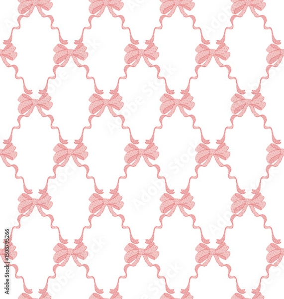 Fototapeta Pink, lilac coquette ribbon bow trellis checkered seamless pattern Damask Print. Rhombus Background
