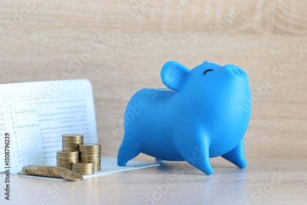 Obraz Piggy bank and stack of coins money on wooden background, Save money for prepare in future and pension retirement concept