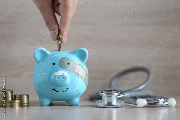 Obraz Piggy bank attached to the plaster on the head and stethoscope on wooden background, Save money for Medical insurance and Health care concept
