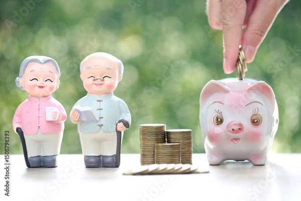 Obraz Mutual fund,Love couple senior and piggy bank with stack of coins money on natural green background, Save money for prepare in future and pension retirement concept