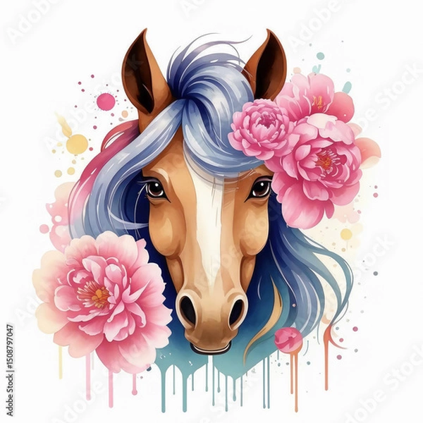 Fototapeta symbol of the new year 2026, graceful animal, beautiful horse with flowers, pink peony, illustration. artificial intelligence generator, AI, neural network image. background for the design
