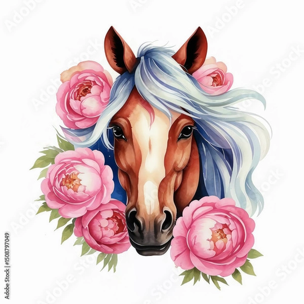 Fototapeta symbol of the new year 2026, graceful animal, beautiful horse with flowers, pink peony, illustration. artificial intelligence generator, AI, neural network image. background for the design