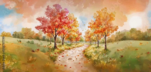 Fototapeta Picturesque fall scene with a dirt path winding through a field bordered by vibrant red and yellow trees, set beneath a partly cloudy sky.