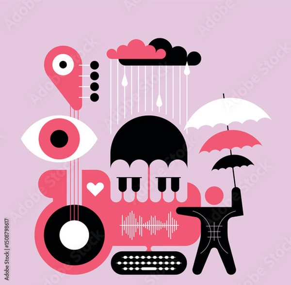 Obraz Colorful vector illustration with musical and weather elements. Includes stylized guitar, piano keys, raindrops, clouds, eye shape and person holding umbrella. Designed in modern flat style.