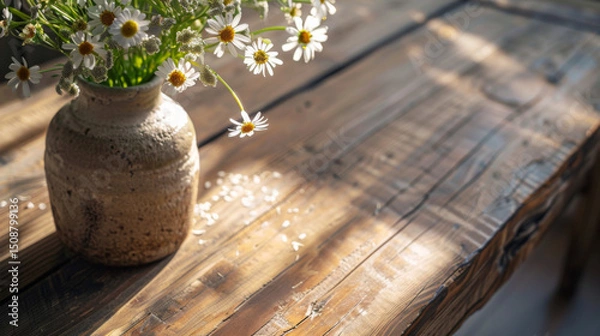 Obraz A rustic ceramic vase filled with wildflowers sits on an old wooden table, illuminated by soft sunlight. The warm atmosphere and delicate shadows create an inviting scene. 