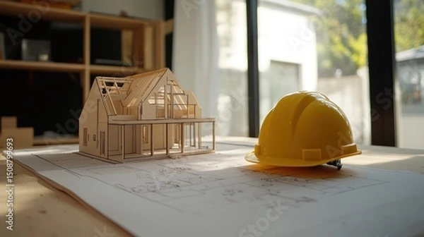 Fototapeta Architectural Model and Hard Hat on Blueprint