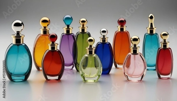Fototapeta Elegant Collection of Colorful Perfume Bottles with Gold Accents