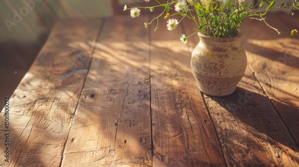 Obraz A rustic ceramic vase filled with wildflowers sits on an old wooden table, illuminated by soft sunlight. The warm atmosphere and delicate shadows create an inviting scene. 
