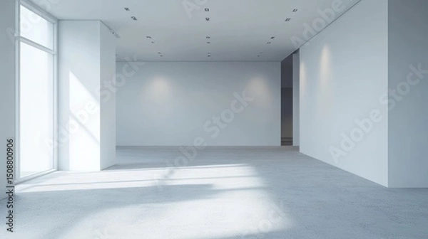Fototapeta Empty Modern Gallery Space with Sunlight Streaming Through a Large Window