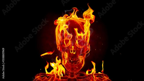 Fototapeta Burning skull on a black background. 3D render with real fire flames.