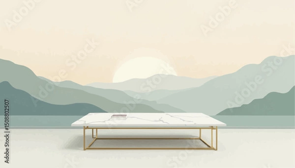 Fototapeta Marble coffee table with gold frame and mountain view