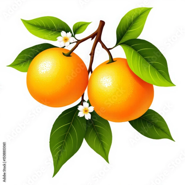 Fototapeta Ripe Oranges with Leaves and Blossoms on Branch
